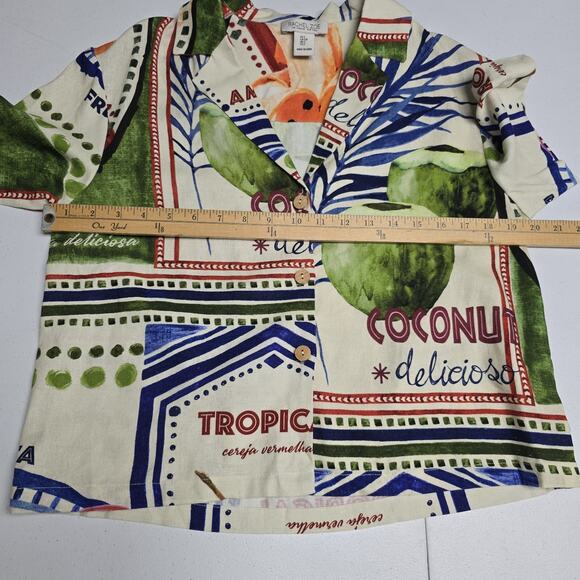 Rachel Zoe Shirt Small Tropical Floral Coconuts Button Front Crop Linen Blend - Picture 8 of 9